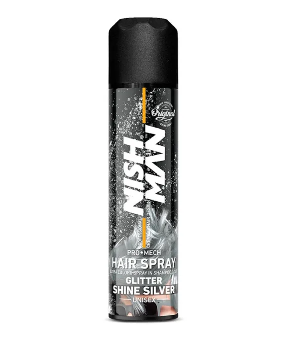 Spray colorant cu sclipici pentru par - Nish Man - Gri - 150 ml
